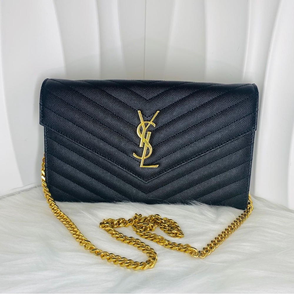 SAINT LAURENT Cassandre Wallet on Chain WOC Black Grain de Poudre Gold Hardware